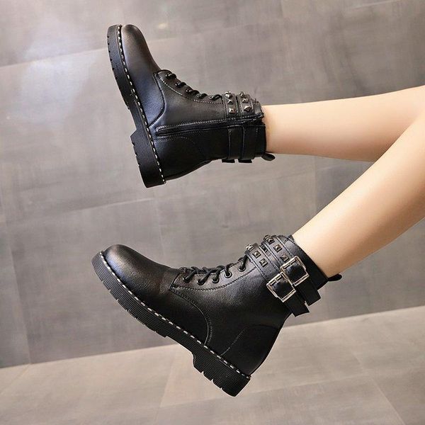 

boots fashion rivets buckle straps woman booties thick heel black ankle women motorcycle shoes leather