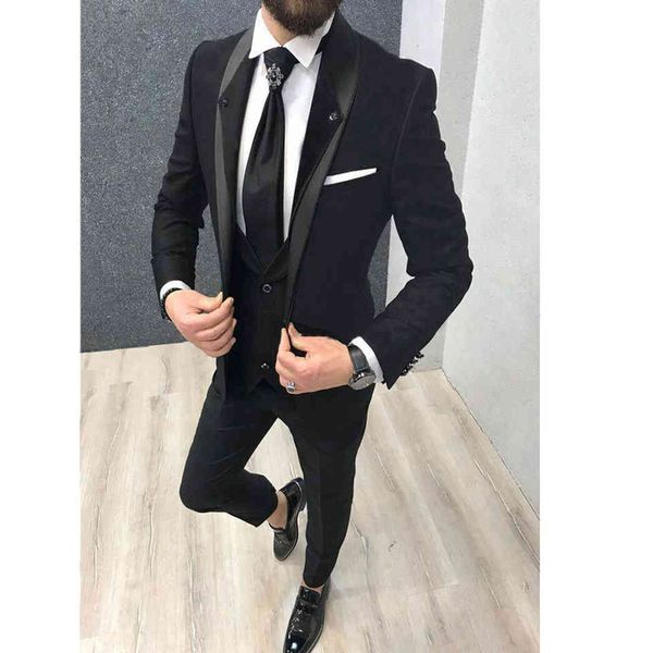 

men's suits & blazers black male fashion wedding gown 3 suits for lapel shawl groom tuxedo jacket + pants vest, White;black