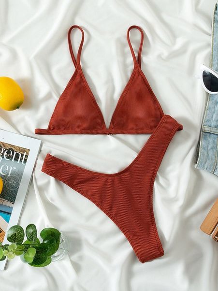 

rib triangle high cut bikini swimsuit q2x3#, White;black