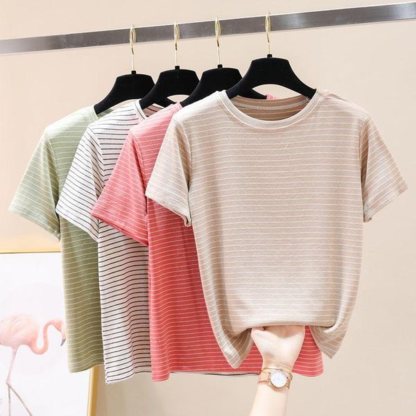 

women's t-shirt fashion 2021 summer arrival literary pure and fresh round collar base leisure all-match stripe high quality, White