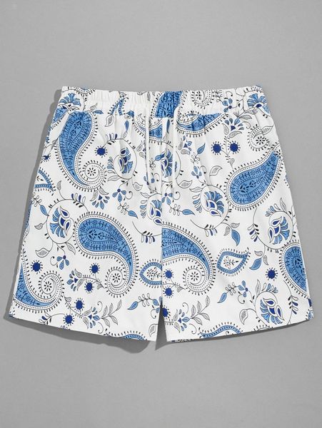 

romwe guys paisley drawstring tie front shorts j3o6#, Black