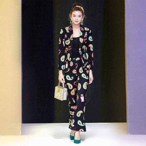

the new europe and the united states women's a horn button suit collar short coat temperament printed suit long pants, White