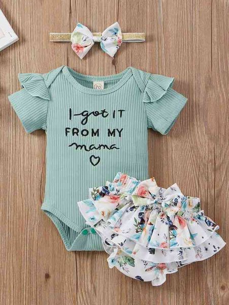 

baby slogan graphic bodysuit & floral layered ruffle bow skort & headband she, Blue