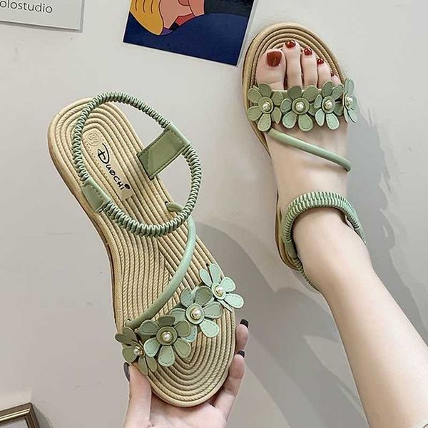 

sandals summer women elegant flower faux hemp sole ankle strap elastic band beach vacation ladies shoes female whosale x4h3, Black