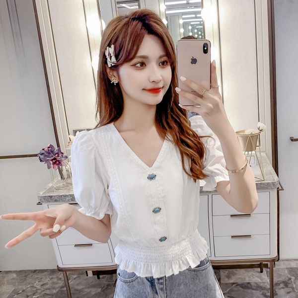 

women's blouses & shirts french short sleeve chiffon shirt summer wear, White