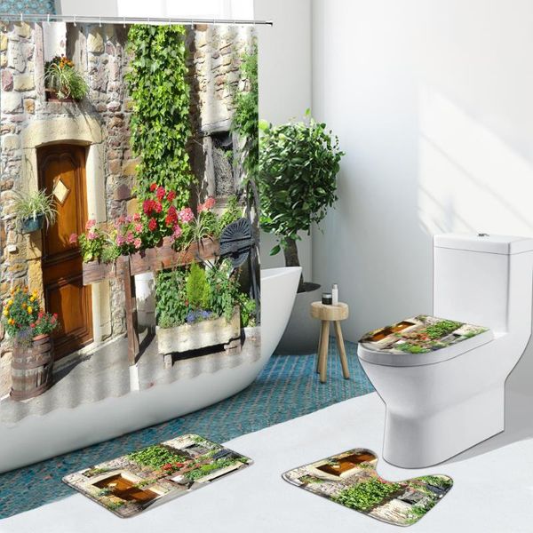 

shower curtains european style street view plant flower bathroom curtain set non-slip rugs flannel carpet toilet cover bath mat
