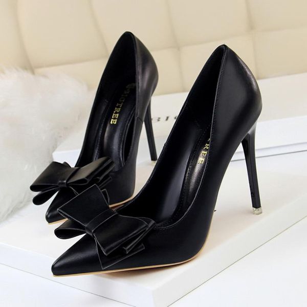 

dress shoes 2021 korean fashion sweet beauty high heel stiletto thin shallow mouth pointed bow, Black