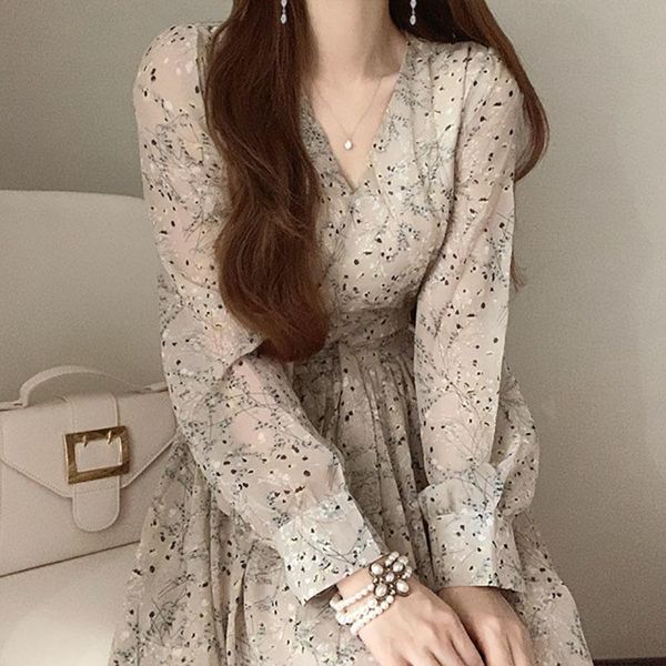 

casual dresses korean summer flower print dress long-sleeve high-waist vintage ladies lace up chiffon ropa mujer women floral vestidos, Black;gray
