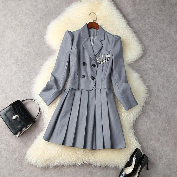 

casual dresses european and american women's wear autumn 2022 long sleeve suit collar double-breasted fashion chain pleated dress, Black;gray
