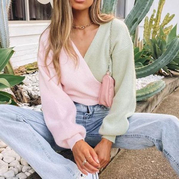 

women's sweaters autumn and winter macarons hit color stitching cross straps long-sleeved loose knit sweater pullover, White;black