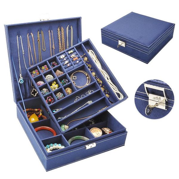

large selling fashion flannel square jewelry box simple layout 2 layers makeup organizer choker ring necklace storage boxes & bins