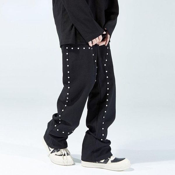 

men's pants divethru retro casual cargo loose high street vibe streetwear women's fashion solid color rivet overalls clothing, Black