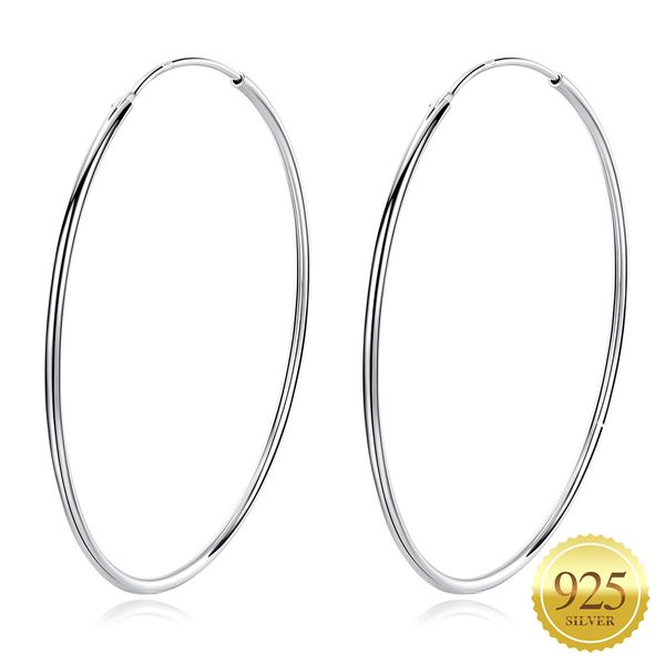 925 Sterling Silver Fine Circle Endless Hoops - Brincos Round Sleeper Polidos para Mulheres Diâmetro Tamanho: 10 20 30 40 50 mm