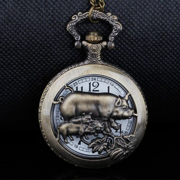 

pocket watches antique pig hollow quartz watch necklace accessories zodiac theme friends family clock fob, Slivery;golden