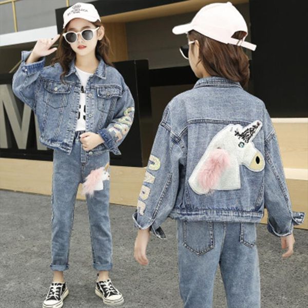 

fashion autumn denim jacket for girls children spring outerwear cartoon unicorn outfits kids clothes coats, Blue;gray