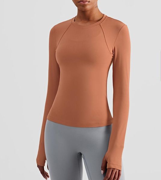 

Yoga Tops Gym Clothes Women's Shirt Nude Breathable Tight Running Fitness Casual Long Sleeve Sports Blouse Workout T-shirt, Light camel