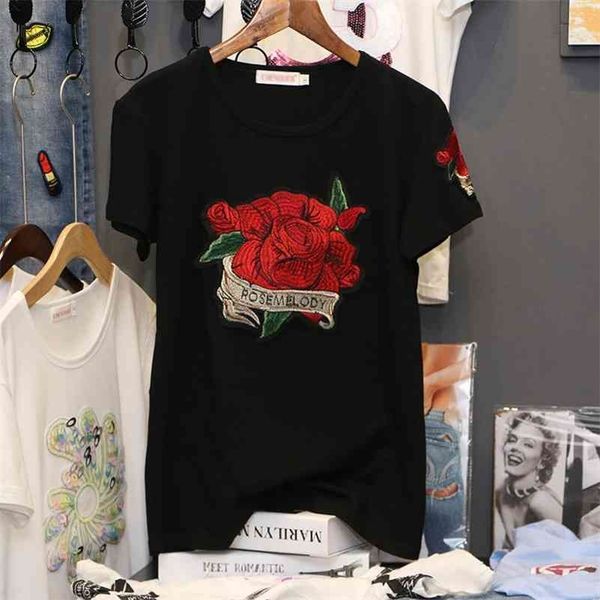 Rosa bordado t-shirt mulheres verão nova manga curta pulôveres preto algodão em volta do pescoço solto casual plus size roupas 210324