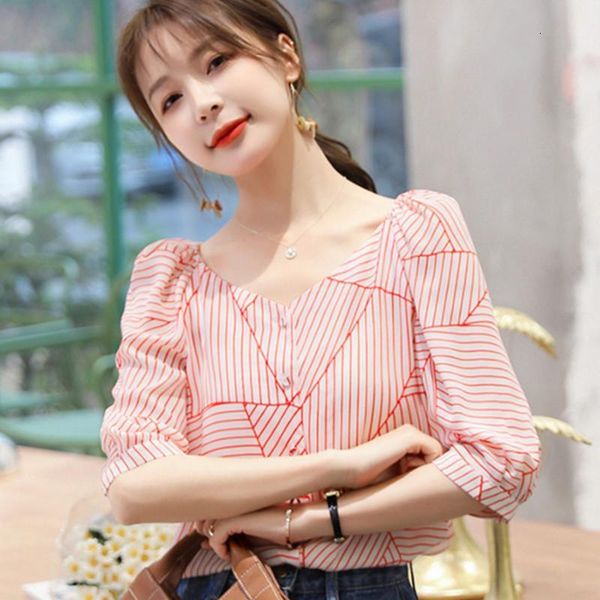 

korean chiffon blouses women summer striped blouse puffed sleeve plus size blusas femininas elegante, White