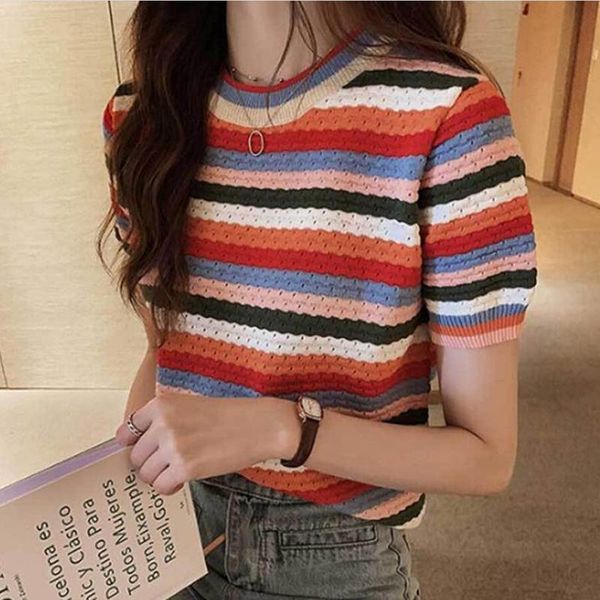 

women's t-shirt rainbow stripe knitted short sleeve women girl younge style summer casual tee, White