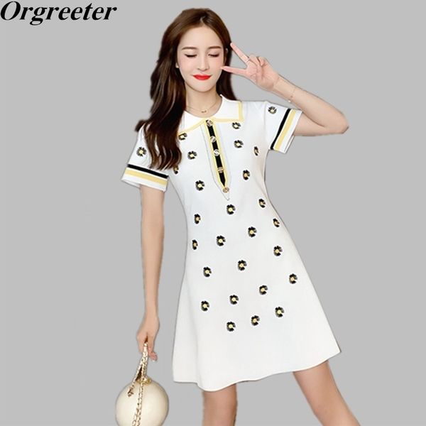 

summer thin sweater dress female short sleeve sweet little daisy embroidery metal buttons deco lapel pullover knit dres 210525, Black;gray