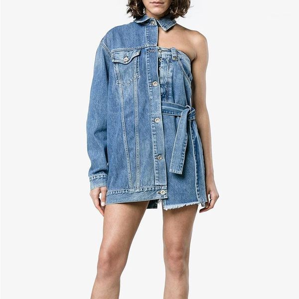 

women's jackets 2021 fashion autumn personality asymmetrical off-the-shoulder straps long-sleeved denim coat female jacket, Black;brown