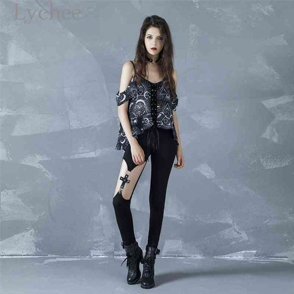 

lace up moon off shoulder adjustable summer women blouse v neck sleeveless chiffon pentagram print shirt, White