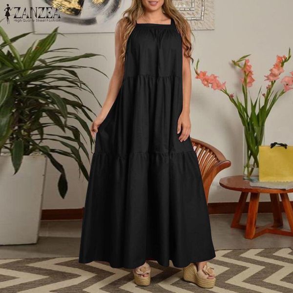 

ruffle sundress female solid tank vestidos casual sleeveless robe femme women's fashion summer maxi dress oversized 5xl dresses, Black;gray