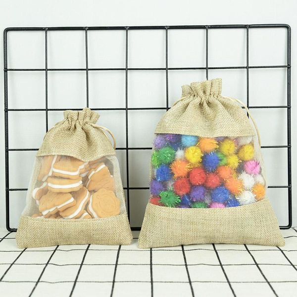 

gift wrap 5pcs 10x14cm/13x18cm/16x22cm natural drawstring burlap bags with one side organza jewelry packaging wedding party supplies