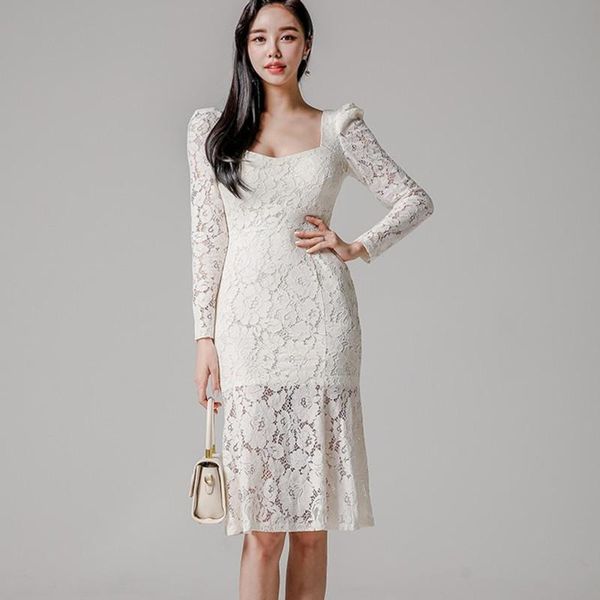 

casual dresses zawfl 2021 spring hollow out lace dress women korean style long sleeve work wear sheath bodycon pencil vestidos, Black;gray