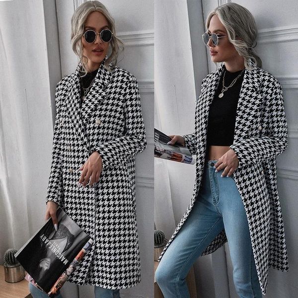 

women's wool & blends 2021 autumn and winter style european american fashion houndstooth print long woolen coat clothing, Black