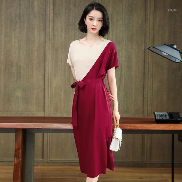 

hangzhou silk dress women's 2021 summer color contrast temperament round neck waist slim skirt fashion two piece, White