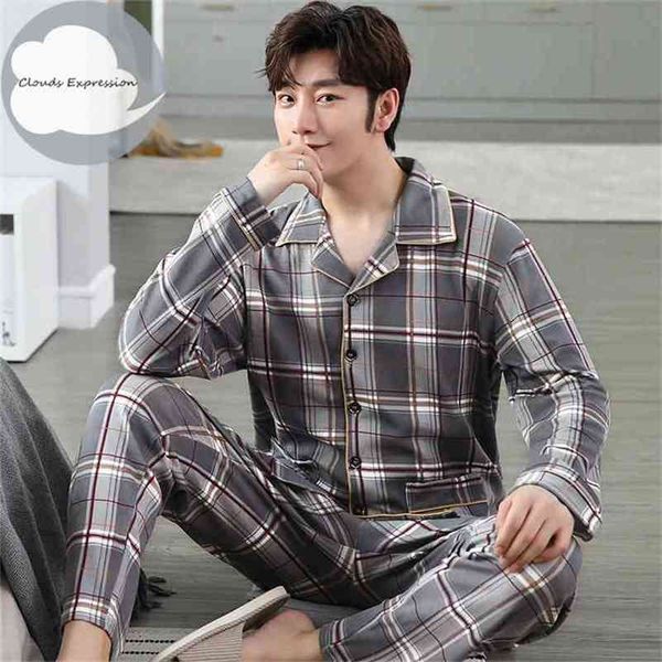 

spring autumn knitted cotton cartoon men's pyjamas striped pajamas set casual male sleepwear pyjama night pijamas 3xl homewear 210812, Black;brown