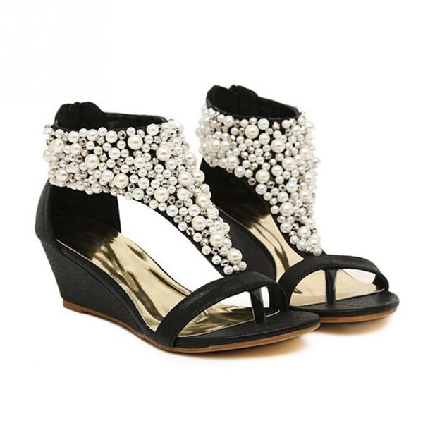 

summer women's open toe sandals rhinestone zipper pearl beaded wedges ankle wrap gladiator women shoes, Black