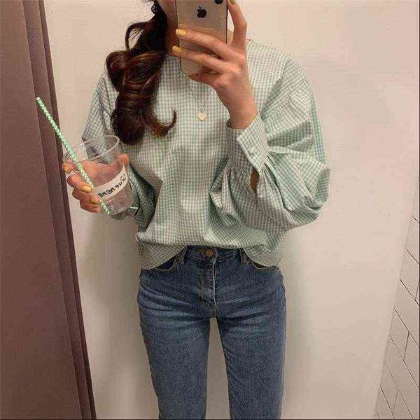 

chic plaid women shirt loose gentle geometric full sleeves pullovers leisure all match ol casual streetwear shirts, White