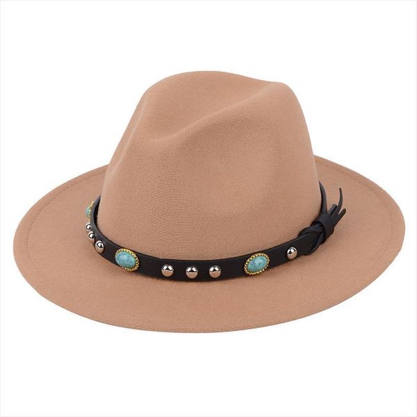 

fashion luxury women men fedoras hat vintage style stone decor wide brim belt buckle felt fedora caps autumn headwear, Blue;gray