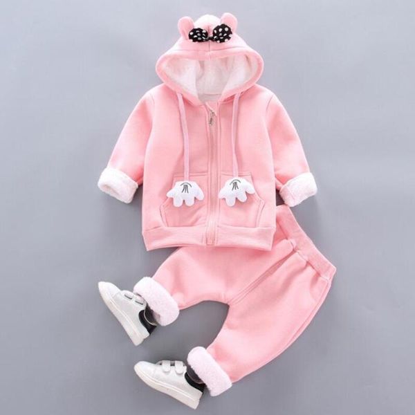 

thick warm girls clothing set winter plush cotton outfit for baby hoodies jacket pants kids casual suit toddler boy wearing, White