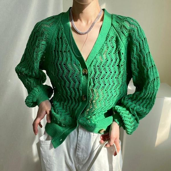 

women's knits & tees korean chic summer temperament wild v-neck hollow perspective loose single-breasted puff sleeve sunscreen sweater, White