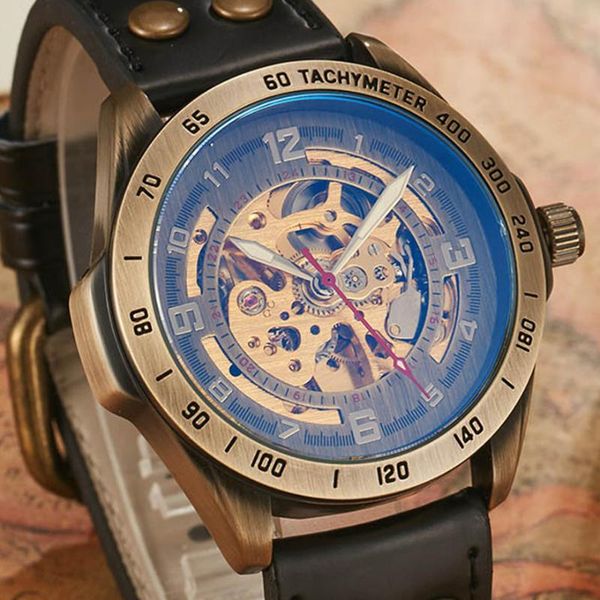 

wristwatches retro men automatic mechanical watch mens watches skeleton self wind bronze blue glass dial luminous hands leather wrist clock, Slivery;brown