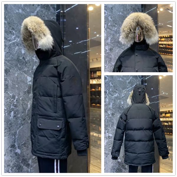 

winter outdoor leisure sports men's down jacket white duck windproof parker long leather collar cap warm real wolf fur stylish classic, Black