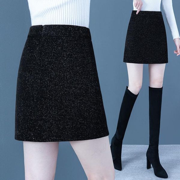 

skirts chenille skirt female 2021 high waist a bag hip temperament bright silk slim step winter miniskirt, Black