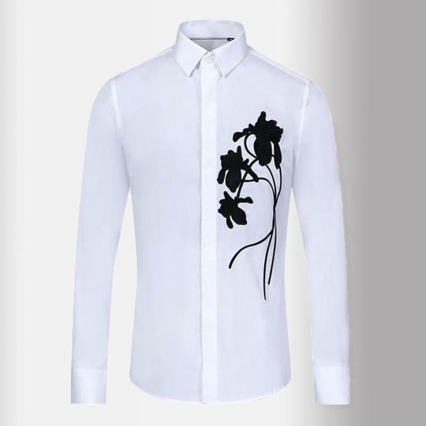 

men's casual shirts white mens luxury long sleeve rose embroidery male fashion slim fit party club man 3xl, White;black