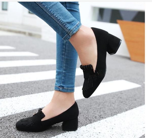 

2021 spring and autumn shoes new style fashion middle heel coarse heel round head suede women's shoes @600, Black