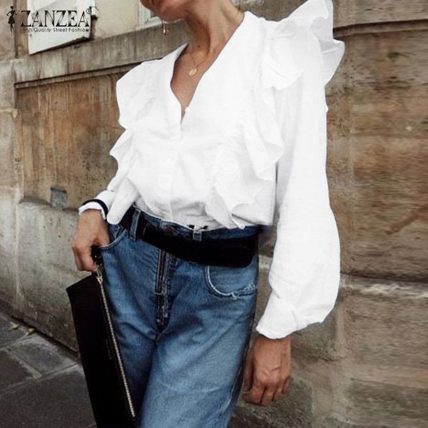 

blouses 2021 elegant solid shirts women's ruffle blouses casual long sleeve blusas female button down tunic oversized chemise, White