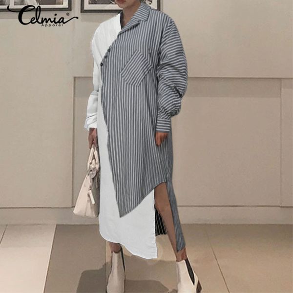 

dresses 2021 celmia autumn women's long sleeve asymmetrical shirt dress striped patchwork casual party vestidos buttons robe plus size, Black;gray