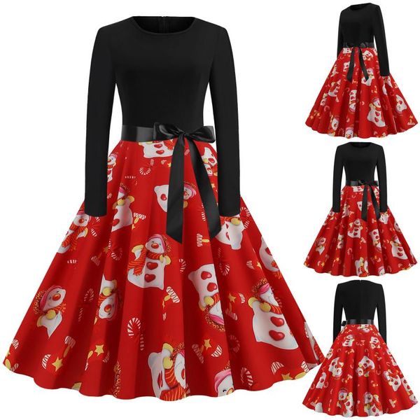 

casual dresses christmas costume dress 2021 fashion women swing vintage print long sleeve elegant party autumn winter clothing#10, Black;gray