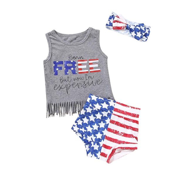 

clothing sets 2021 girls tanks 4th-of-july stars tassel vest t shirt shorts headbands outfits independence day vetement enfant fille, White
