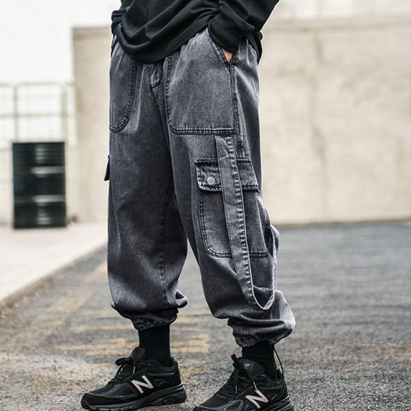 

denim japan style streetwear hip hop vintage cargo pants jeans for men's clothing korean fashion casual ribbon techwear trousers, Blue