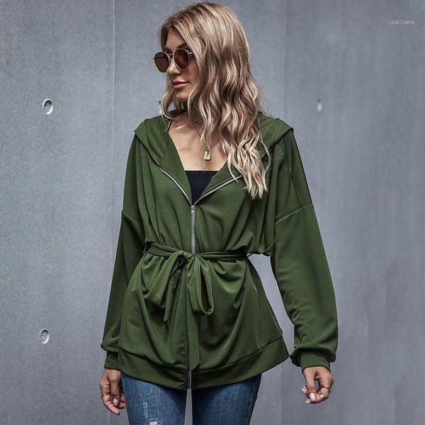 

women's jackets casual fashion zipper sashes solid color coat women batwing sleeve high waist hoodies slim fit 2021 autumn arrival, Black;brown