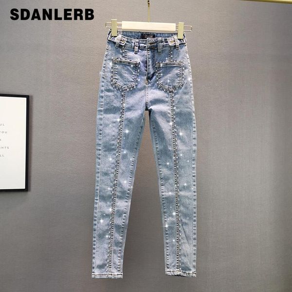 

summer european style elastic slim-fit high waist denim pants stitching diamond-embedded skinny jeans women's trousers, Blue