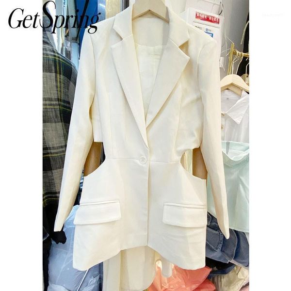

getspring women blazer single button long sleeve ladies white coat hollow out irregular women's suit jacket summer suits & blazers, White;black